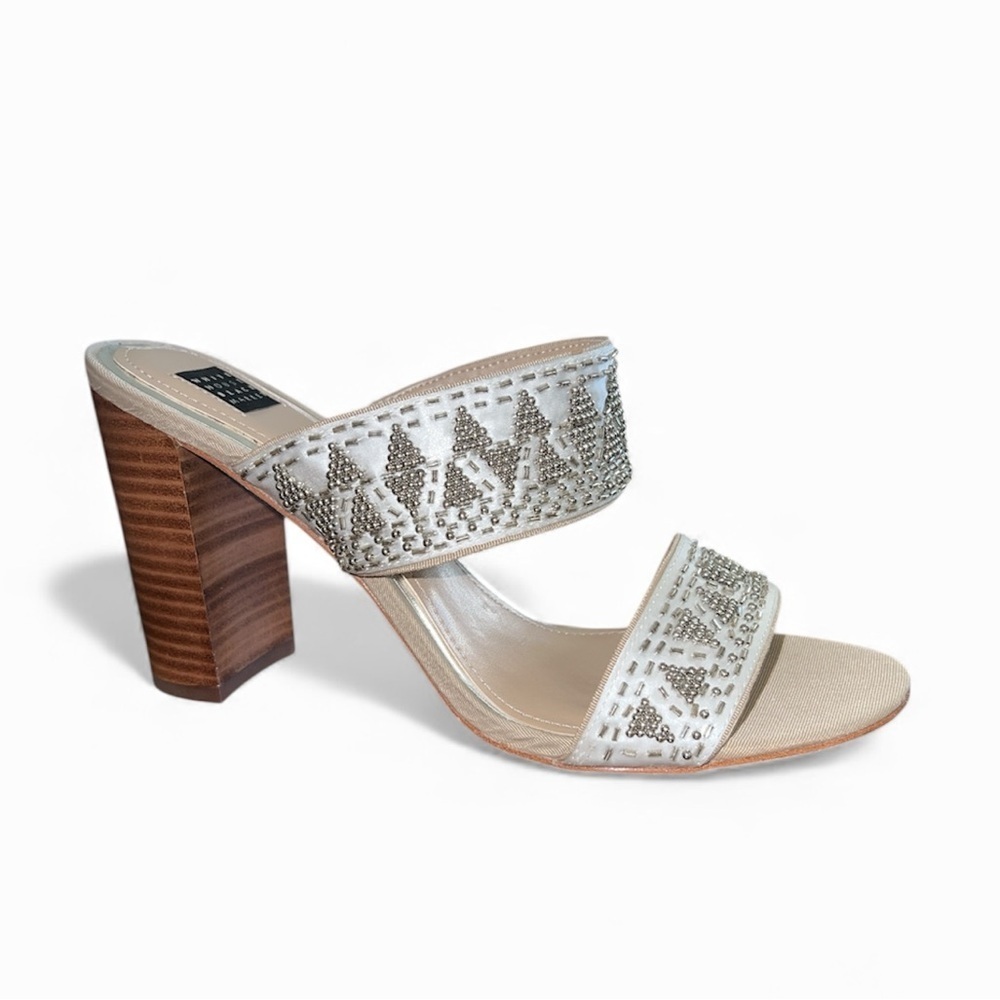 White House Black Market Size 9.5 White Satin Beaded Block Heel Mule Sandals New